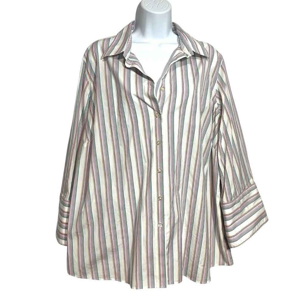 Lands' End Cream Button-Down Shirt Multi-Colored Stripes Plus Size 22 Summer